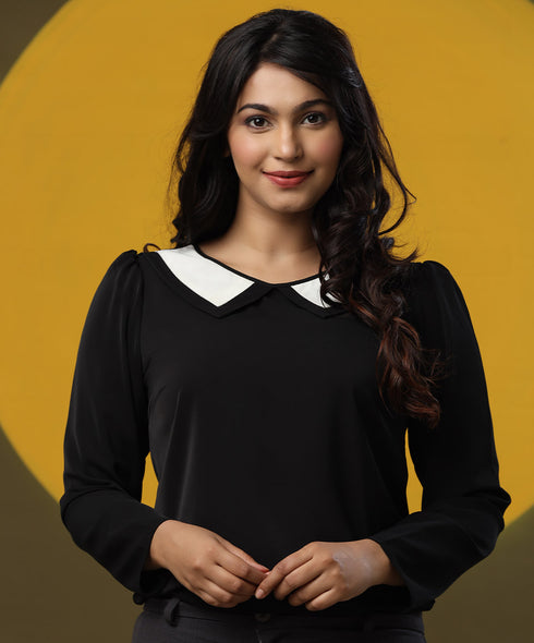 Long Sleeve Contrast Collar Detailed Top